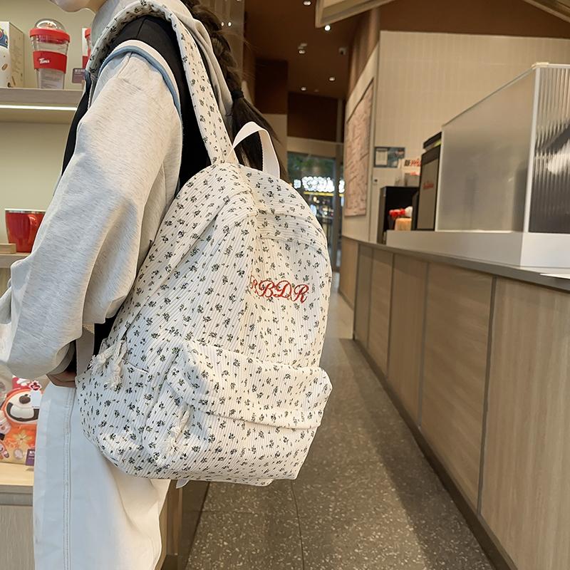 Women's Floral Print Backpack Corduroy Student School Bag Campus Large Capacity Backpack