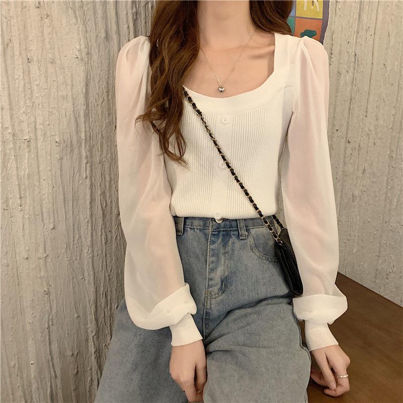 

French Gentle Style Knitted Top for Women Designed Short Square Neck Long Sleeve for Spring and Autumn Seasons S