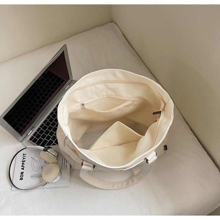 Korean Style Large Capacity Canvas Tote Bag - Lightweight, Solid Color, Shoulder Handbag with Print Logo