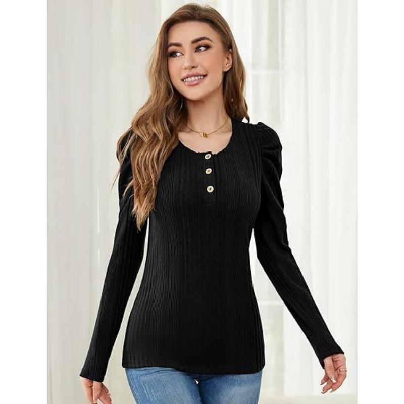 YYFS Women's Fashion Casual Spring Fall Solid Color Print Long Sleeve U-Neck Blouses & Shirts