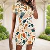Women Plus Size Round Neck Short Sleeve Blue Pink Geometric Printed Fitted Mini Dress