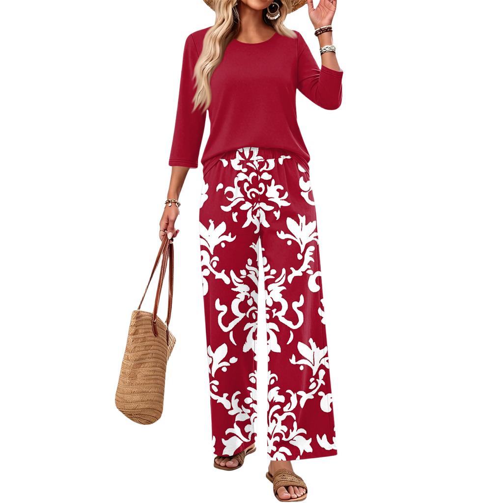 Women's Casual Loose Fit Two Piece Set Round Neck Three Quarter Sleeve Top and Wide Leg Printed Pants Lounge Outfit