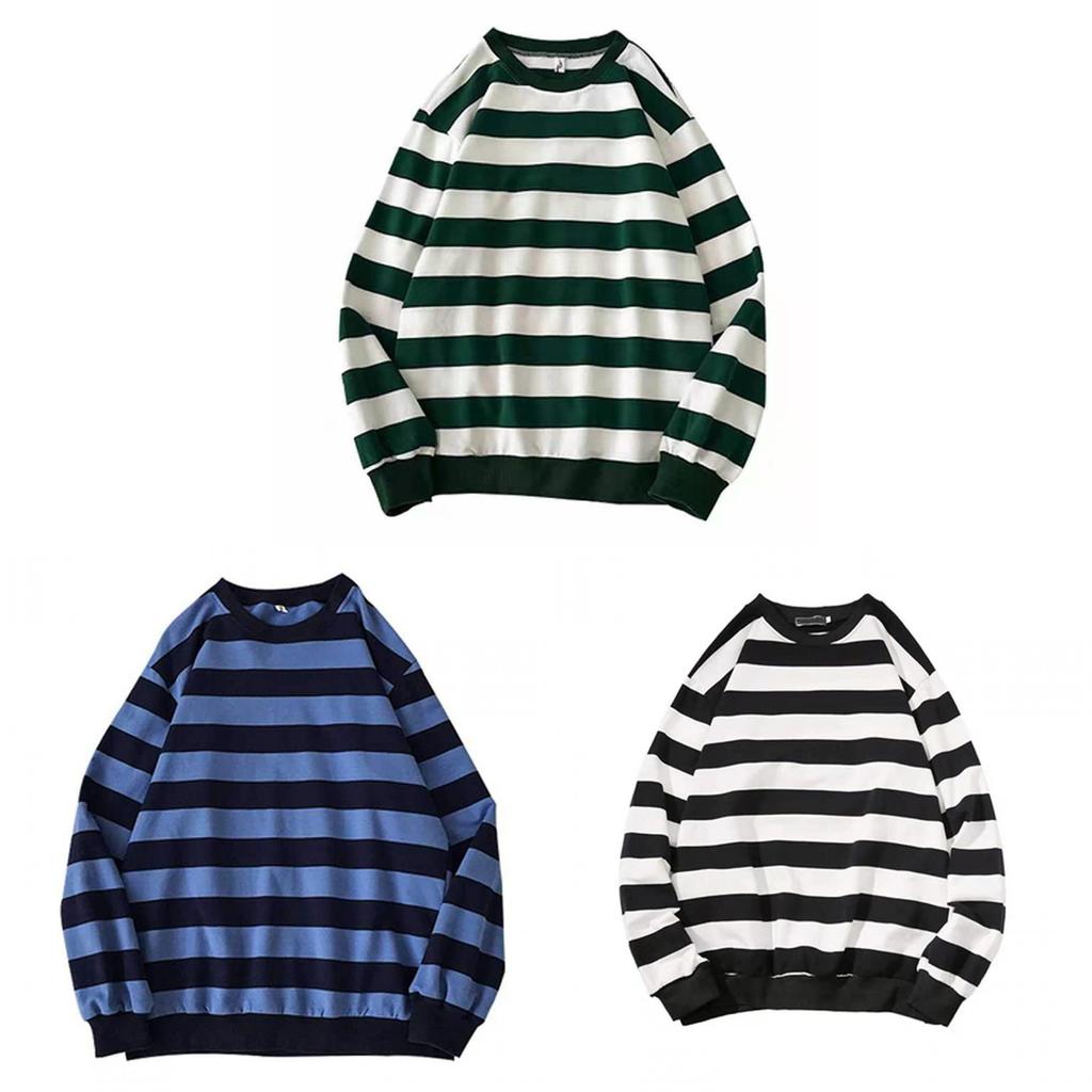 Stribet crewneck sweatshirt til mænd i polyesterstof til efterårets udendørsstil