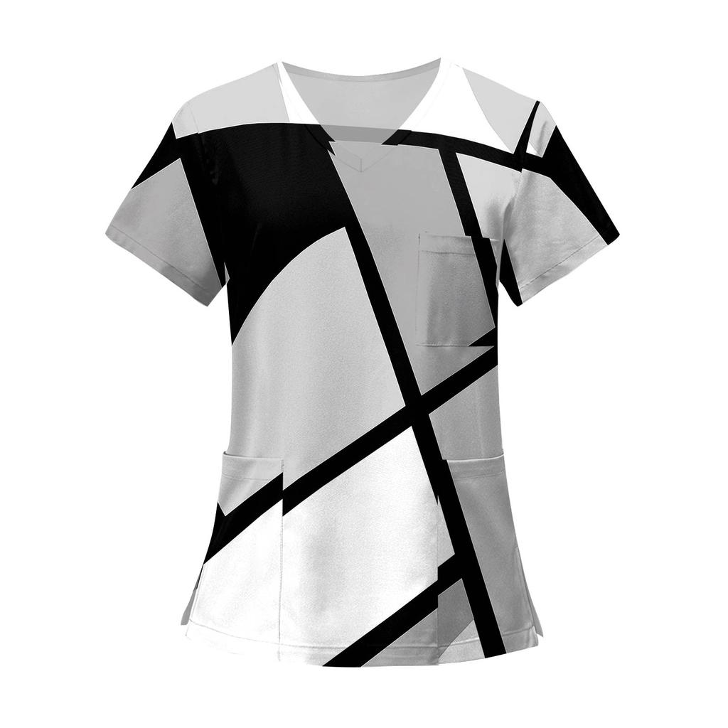 Women's Fashion Printed Short Sleeve V Neck Pattern Tops Pocket Working T-shirts