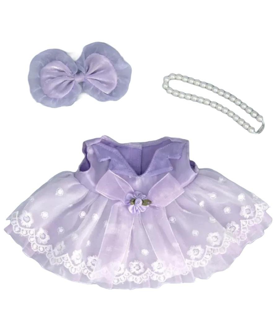 Stella Lou Plush Size Purple Lace Dress with Ribbon and Pearl Fits Cookie Ann and Princess Style Costume, Small, Necklace, Rinabelle,
