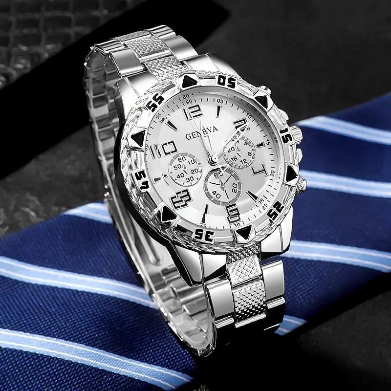 Blu-ray Symphony Glass Men's Watch Steel Belt Quartz Watch Digital Engraved Vacation Three-Eye Watch
