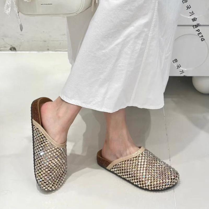 Módní Křišťálové Dámské Baleríny Pantofle Ležérní Fad Mules Boty Luxusní Dámské Sandály 2025 Slingback Plážové Žabky Nové Mujer Sandalias