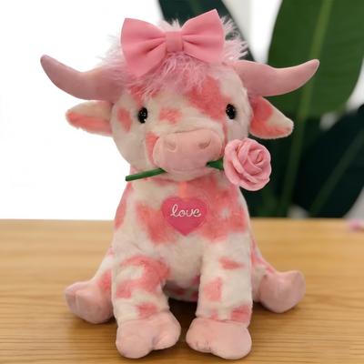 Pink Cow Plush Toy with Heart Embroidery and Rose Decoration, Cute Stuffed Animal Gift for Girls, Christmas or Birthday, Soft Plush Toy