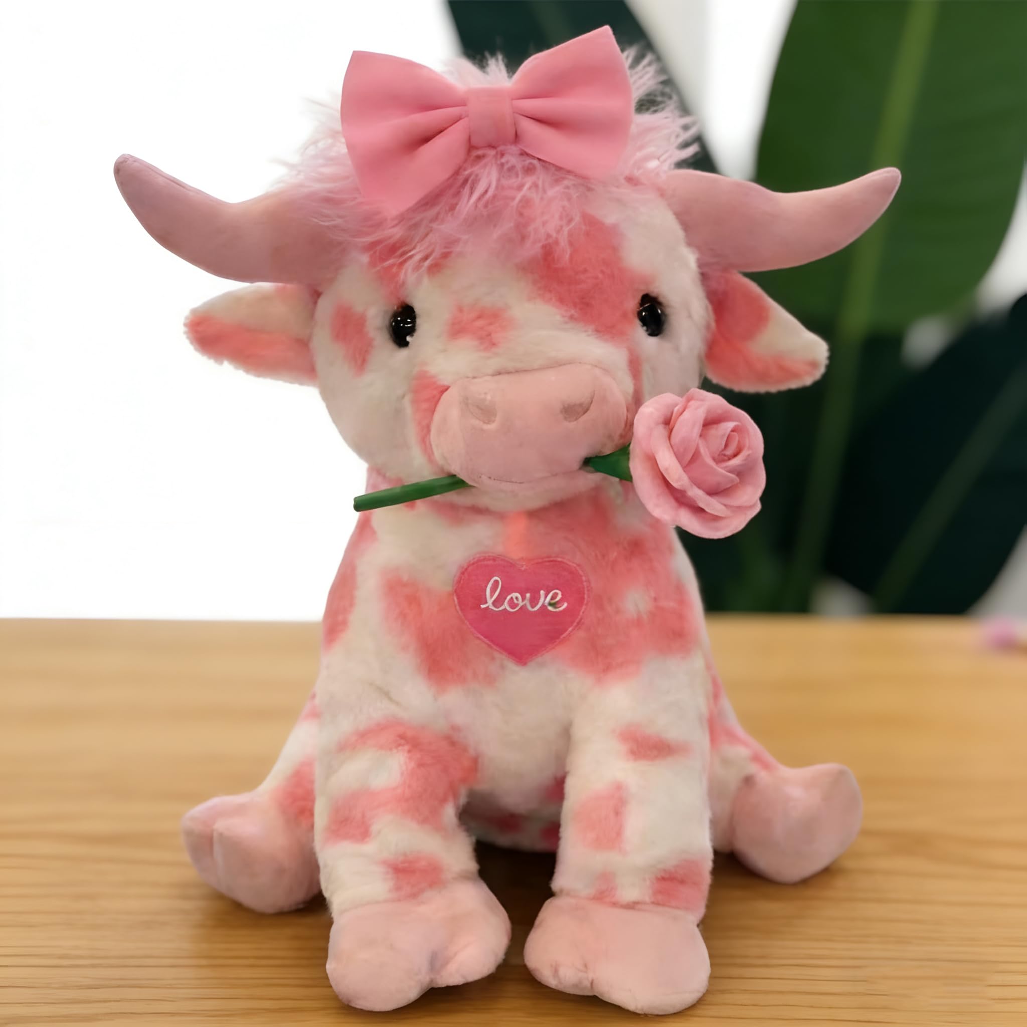Pink Cow Plush Toy with Heart Embroidery and Rose Cute Stuffed Animal Gift for Christmas or Soft Plush Toy Decoration, Girls, Birthday,