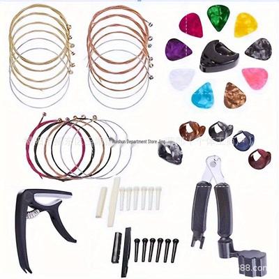 Guitar Accessories Set: Tuner, Strings, Finger & Guitar Picks, String Pegs, Nut, Saddle, 3-in-1 Tool.