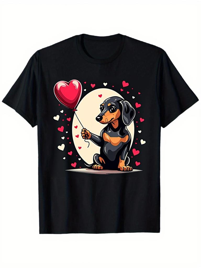 Dachshund Holding Heart Balloon Valentine Graphic Tee Soft Cotton Crew Neck T-Shirt Casual Daily Wear