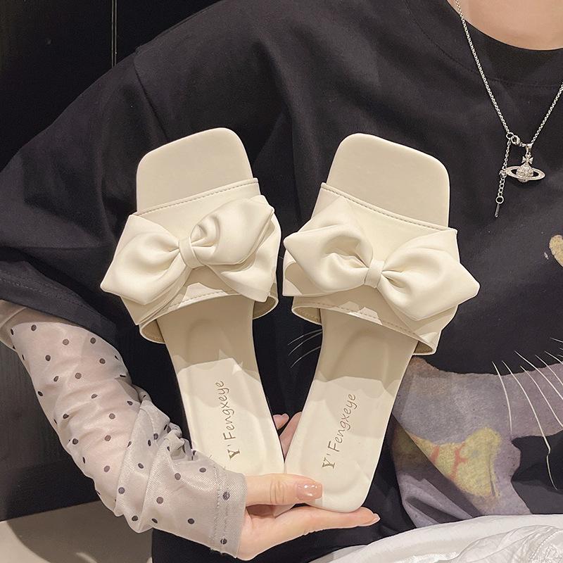 Sandale de damă cu toc gros, vârf pătrat, primăvară nou, fundă, un pedal, casual, papuci de exterior