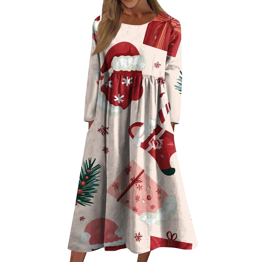 Women's Casual Crew-neck Christmas Print Mid-length Dress Long-sleeved Dress With Pocket