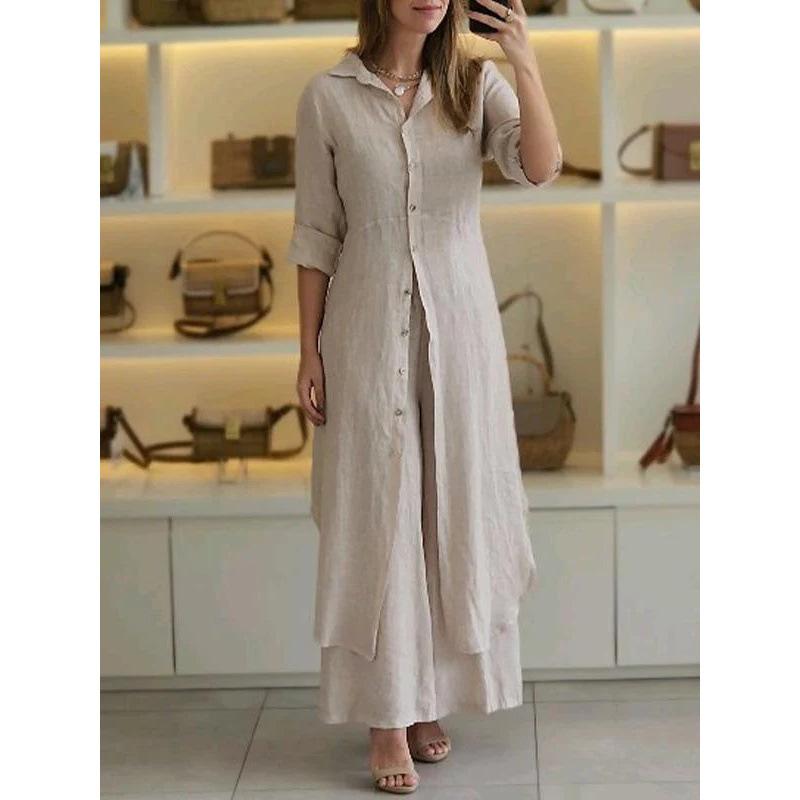 Cross-border Europe and the United States 2025 spring and summer new _ casual linen suit _ women's elegant long-sleeved wide-leg pants two-piece set 