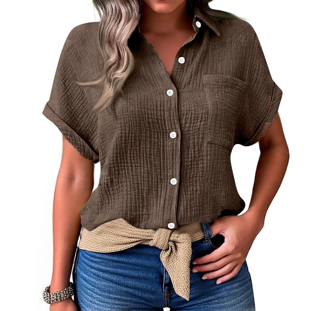 Womens Button Down Shirts Short Sleeve Casual Collared Shirt Loose Blouses Solid Color Tops With Pocket