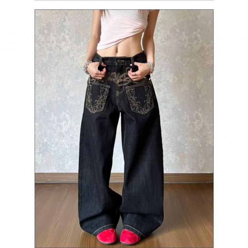 Black High-Waisted Wide-Leg Denim Pants Water Washed Loose Straight Fit Casual Jeans Men
