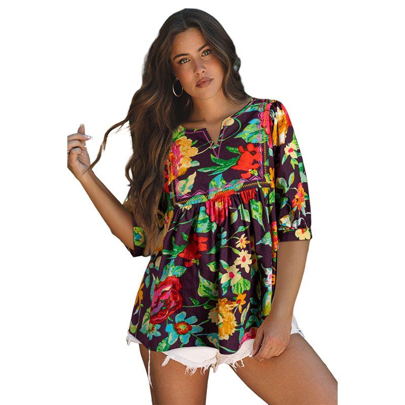 

American Shiying Early Spring New Arrival Color-Block V Neck Half Sleeve Tops Female 2025 Fashion Florals Pullover Chiffon Shirt Florals S code fits (45.00 kg-55.00 kg