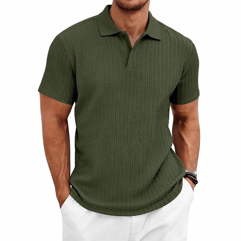 Men's Textured Vertical Stripe Polo Shirt - Summer Short Sleeve Lapel Tee, Breathable & Casual