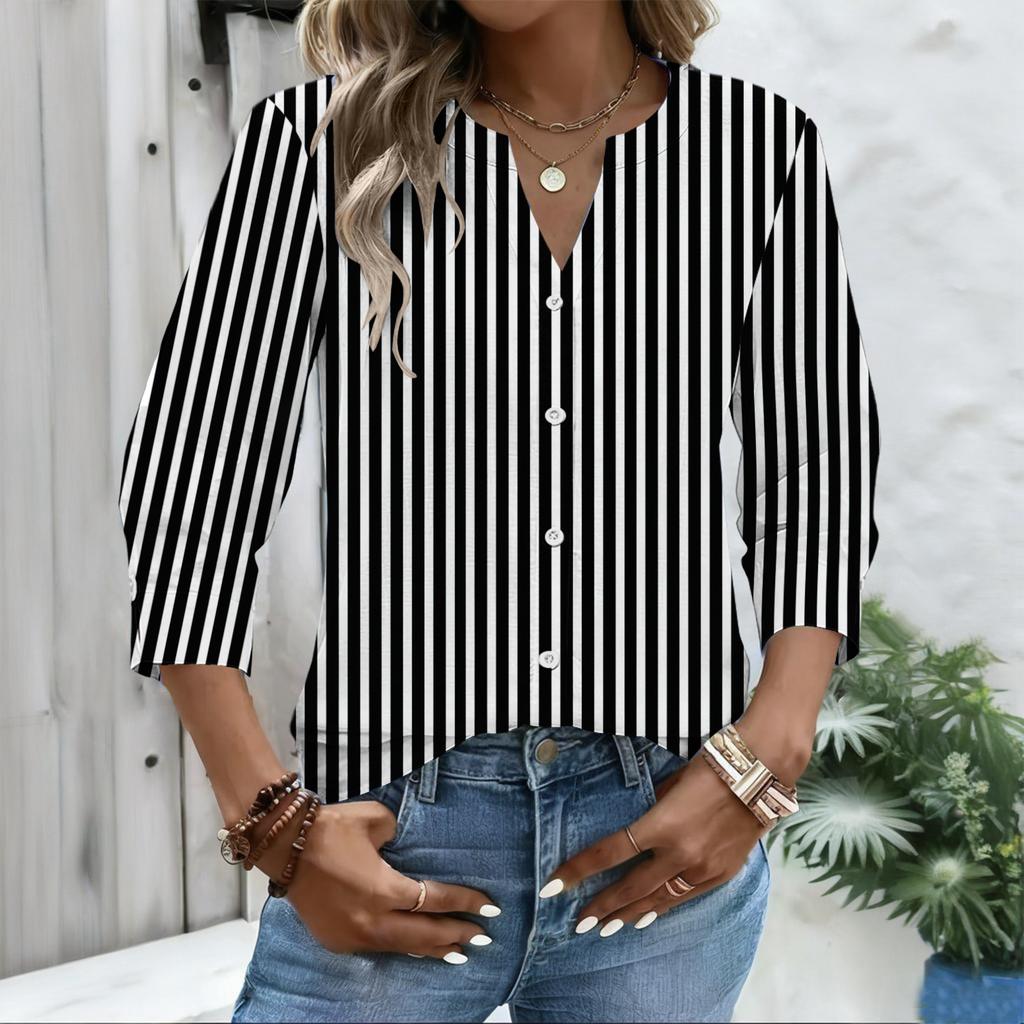 Women's stylish casual striped checkered printed blouse