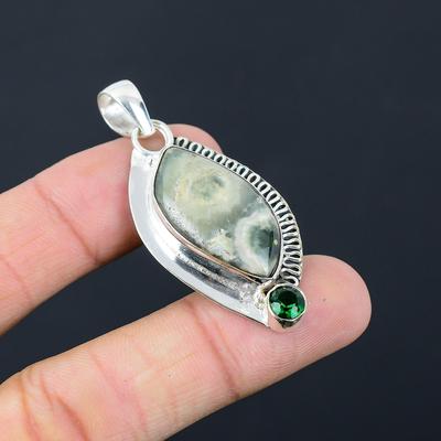 Sterling Silver Marquise Natural Ocean Jasper Chrome Diopside Sister New Pendant