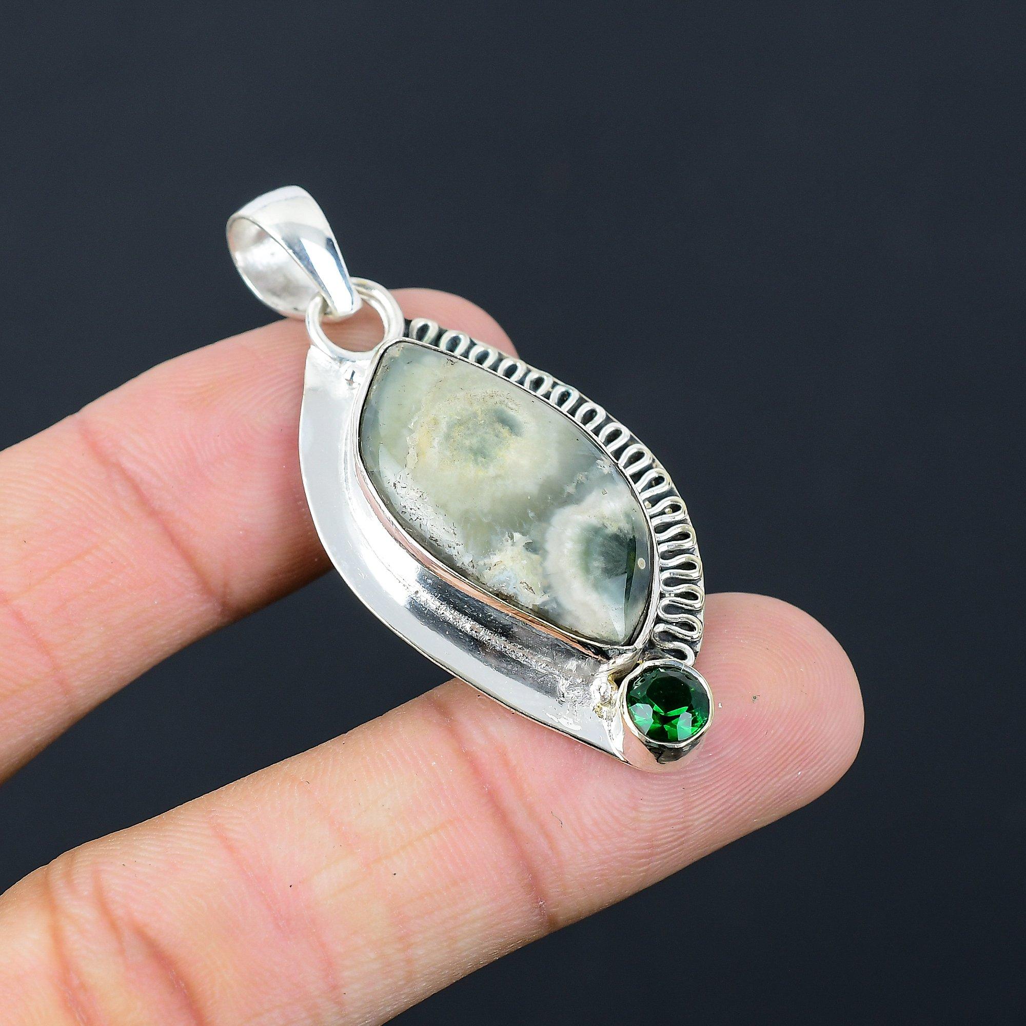 Sterling Silver Marquise Natural Ocean Jasper Chrome Diopside Sister New Pendant