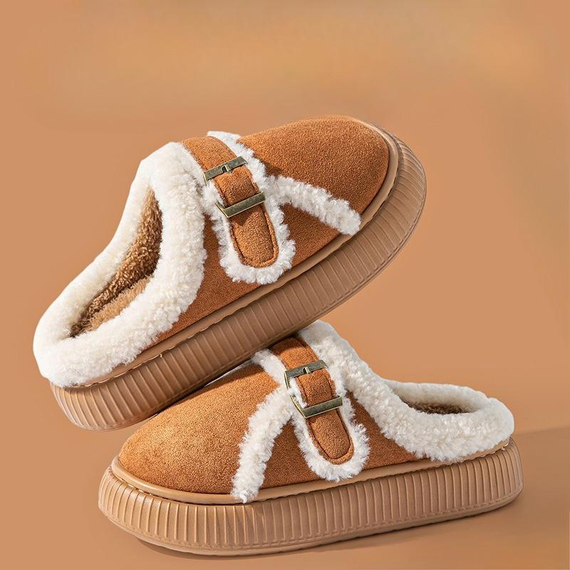 Thick Plush Warm Slippers, Women's Fashionable Buckle Home Anti-slip Cotton Shoes