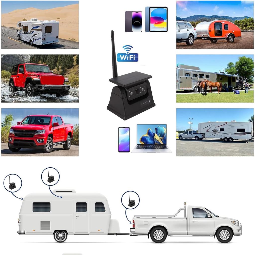 Solar Wireless Backup Camera HD 1080P Built In 9600mAh Battery Infrared Night Vision Rear View Camera for SUV Camping Car