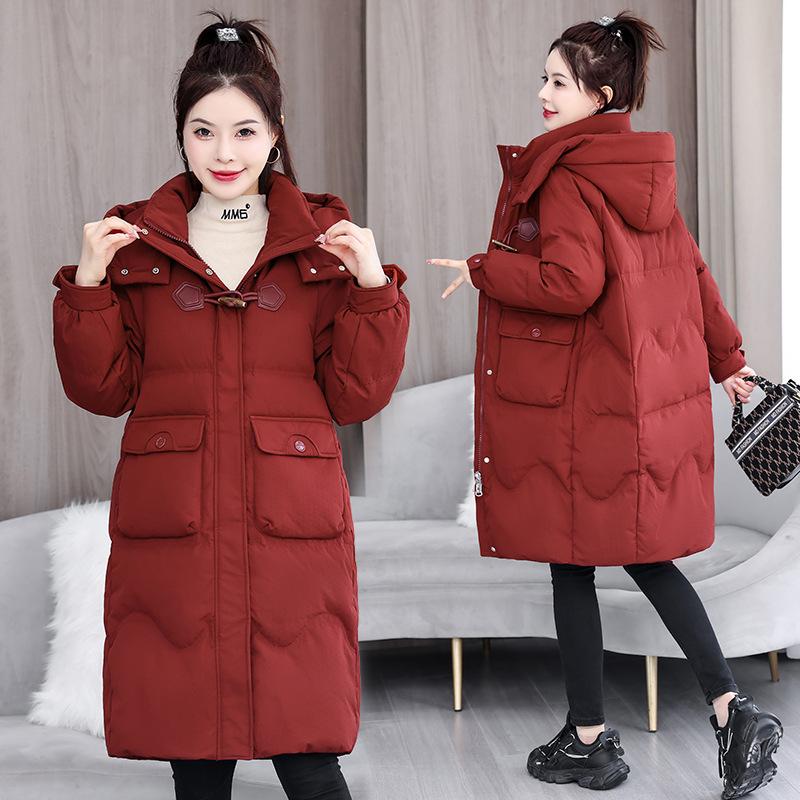Autumn and Winter Women's Coat Horn Button Hooded Mid-length Loose Coat Thickened Warm Women's Jacket