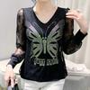 Primavera Outono Novo Manga Comprida Sexy Renda Camisetas Camisa Mulheres Casual Decote V Borboleta Strass Quentes Camiseta Senhoras Tops Elegantes