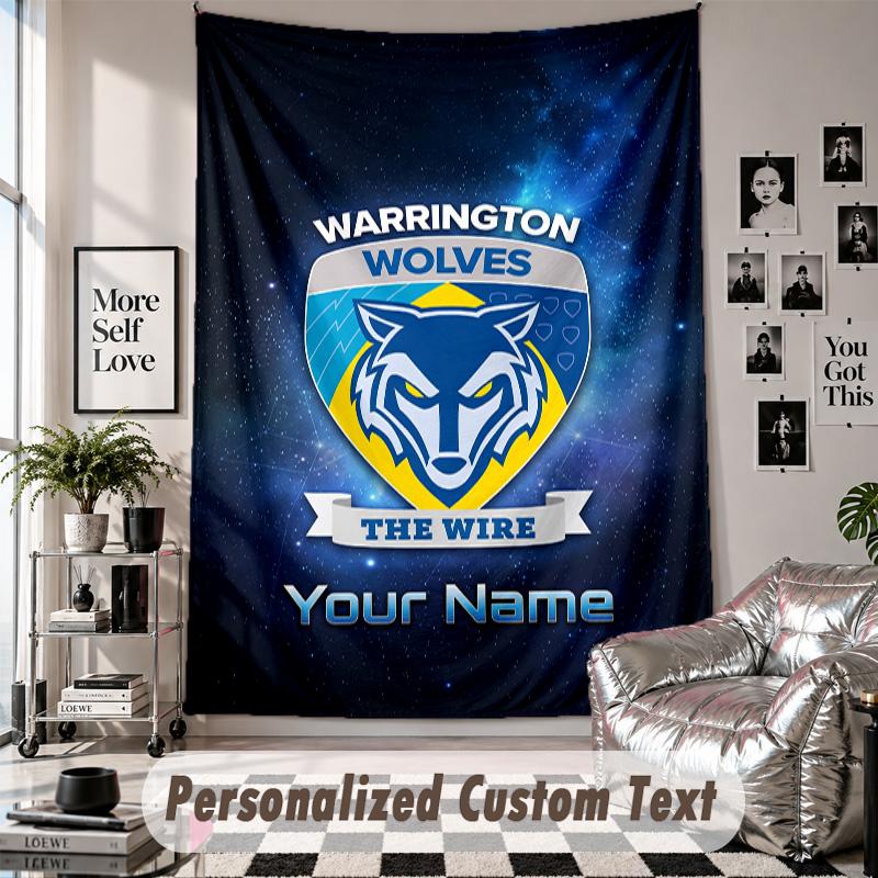 Wall Hanging Tapestry With Custom Name & Text, Warrington Wolves FC Decorative Tapestry For Bedroom