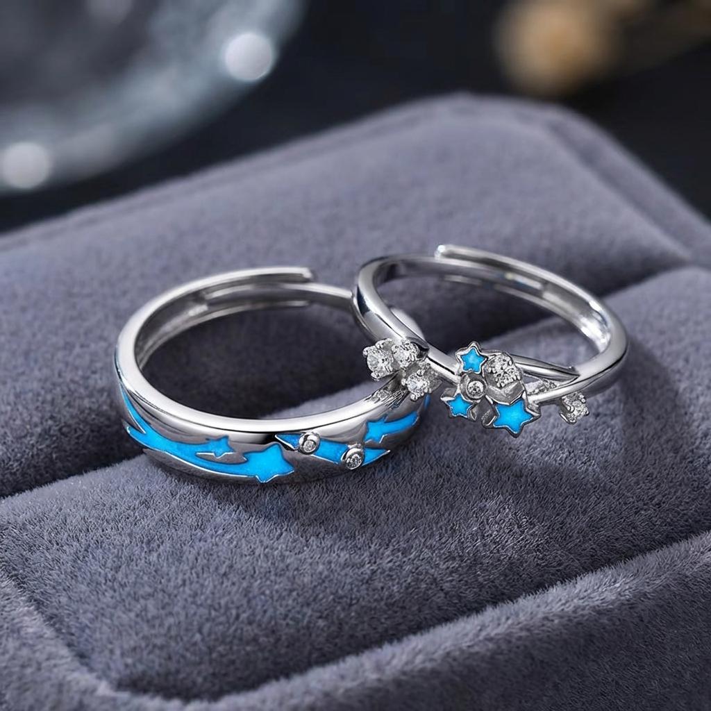 Glow In Dark Blue Green Light Star Ring Fluorescent Heart Ring For Women Men Couples Finger Rings Luminous Jewelry Adjustable