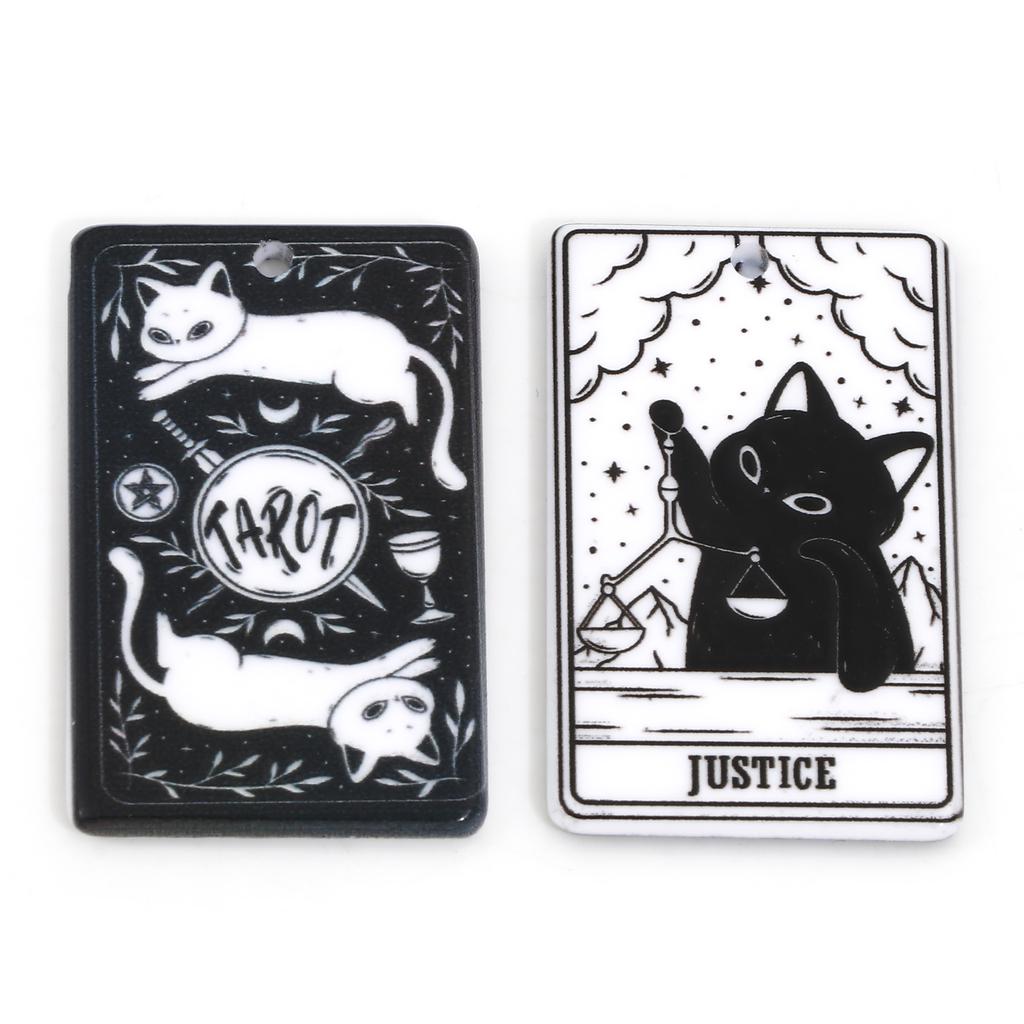 5PCs Black White Acrylic Tarot Pendants Rectangle Cat Double-sided Charms For DIY Earrings Necklace Jewelry Making 3.8cm X 2.3cm
