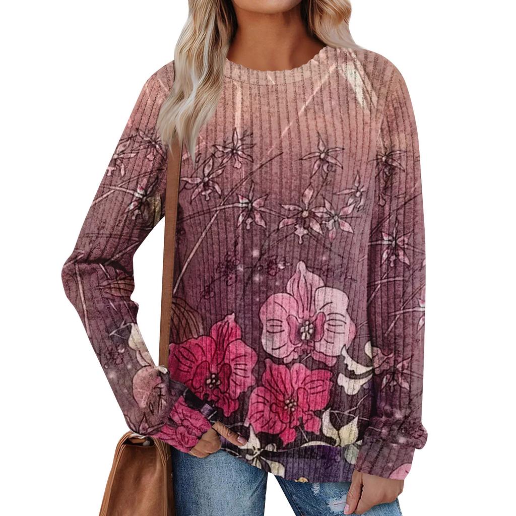 Women's Winter Color-Block Printed Lightweight Brushed-Cotton Round Neck Top