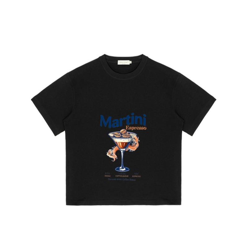 Black T Shirt with Martini Espresso Cocktail Graphic and Text for Casual Wear