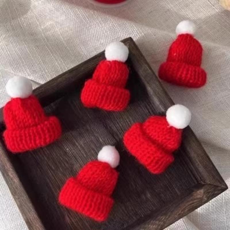 10pcs Mini Christmas Hat Pompoms-Red,White Design with Green Accents,Perfect for DIY Crafts,Christmas Tree Decorations