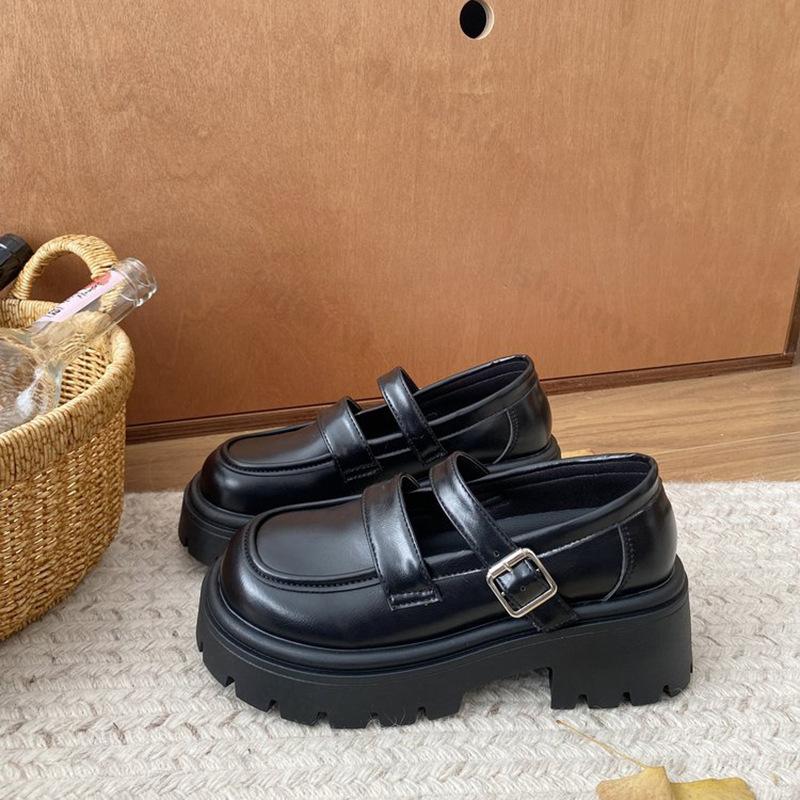 Woman Shoes Round Toe Mary Jane Chunky Loafers Platform High Heels Shoe Women Pumps PU Leather Buckle British Retro Dresses Shoe