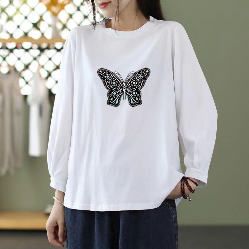 Tricou de bumbac cu mânecă imprimată pentru femei, de primăvară-toamnă, versiune coreeană, culoare uni, croială largă, supradimensionat, subțiere, mânecă medie, gât rotund, top