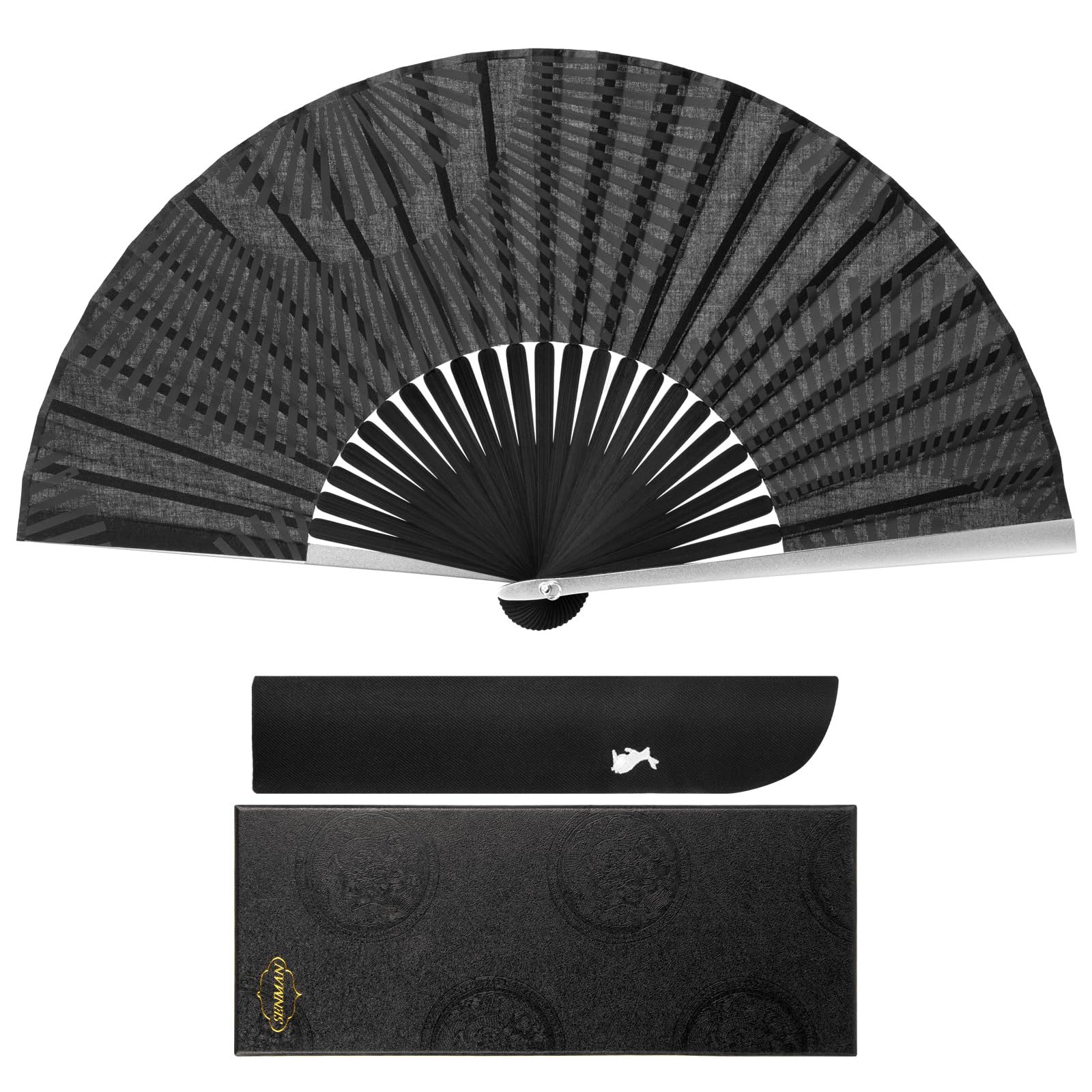 Aluminum Alloy Cotton Stylish Rabbit Fan Fireworks Japanese Summer Kabuki Heatstroke Black Geometric Pattern [SENMAN] Men s Fan, High-Quality Fan,