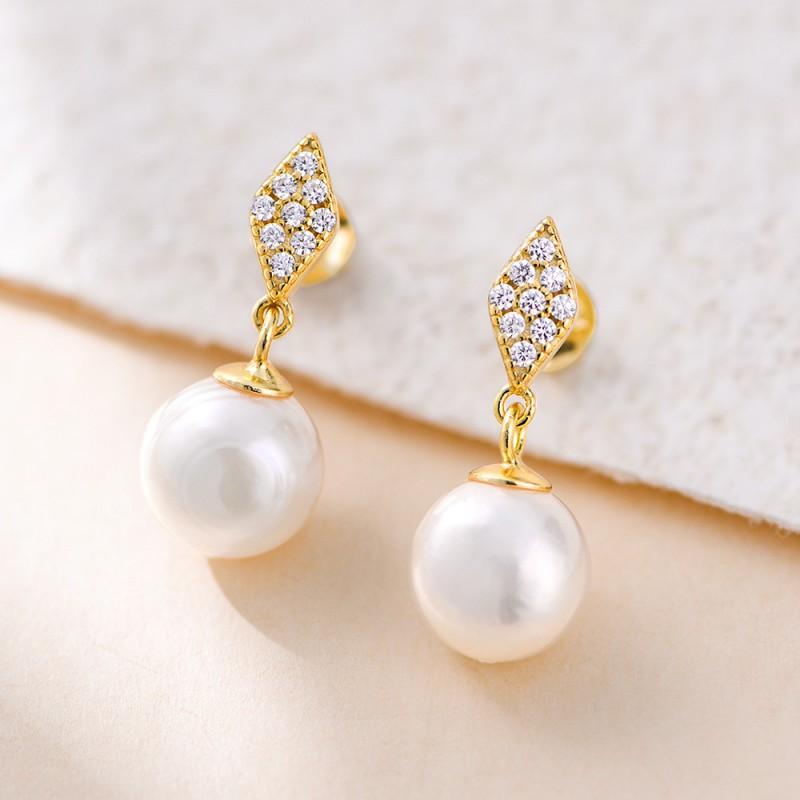 Geometric Rhombus Stud Earrings With Natural Pearl Cubic Zirconia Women Sterling Minimalist Luxury Fashion 925 Sterling Silver