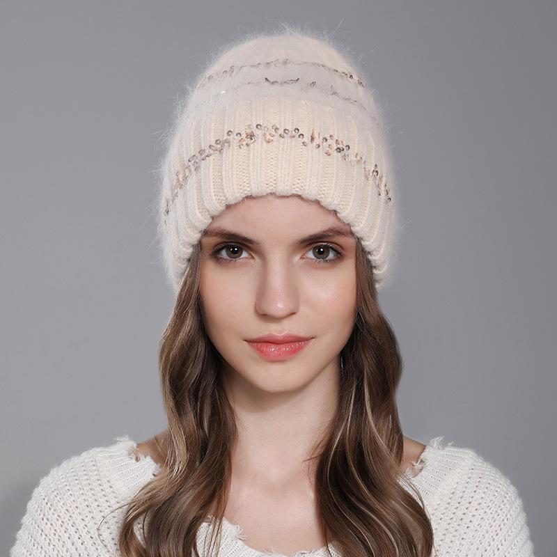 Women's New Winter Sequin Rabbit Hair Warmth Versatile Ear Protection Knitted Wood Hat