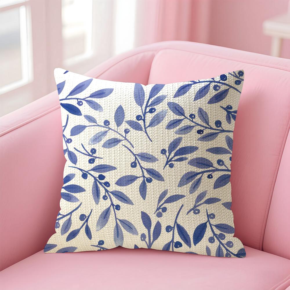 Blue Pattern Hot Cushion Cover Natural Linen Pillow Case DoubleSided Print Decorative Sofa Pillowcase Home Decor Gift