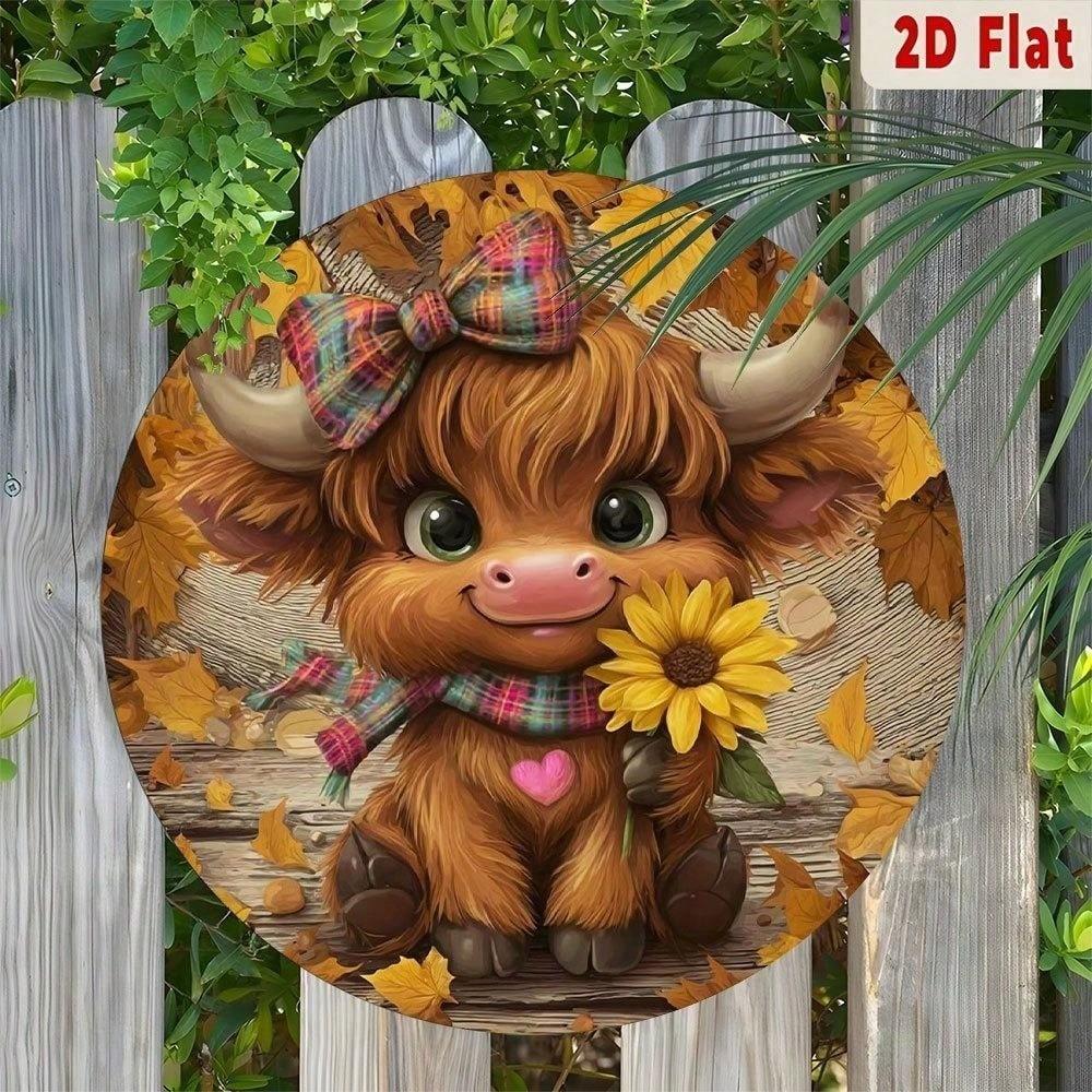Cute Fluffy Cow Metal Sign with Sunflower Bow - 2D Farmhouse Wall Art Decor