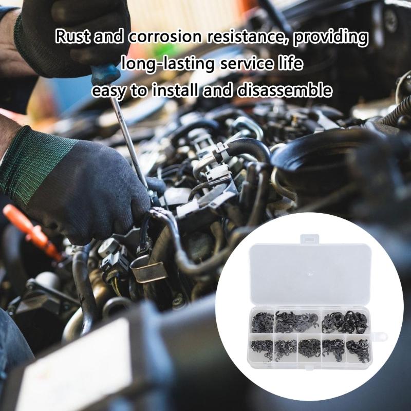 Pack of 225 High Strength Manganeses Steel E Types Circlips for Mechanical Equipment Support and Fixation In Box