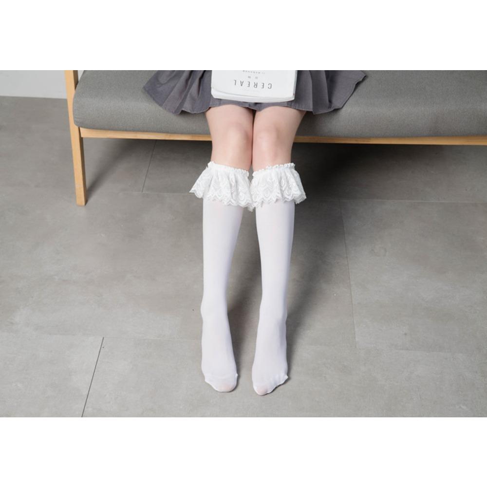 Lolita Girls Lace Pile Socks, Medium Tube Socks, Velvet Calf Socks, Black and White Over Knee
