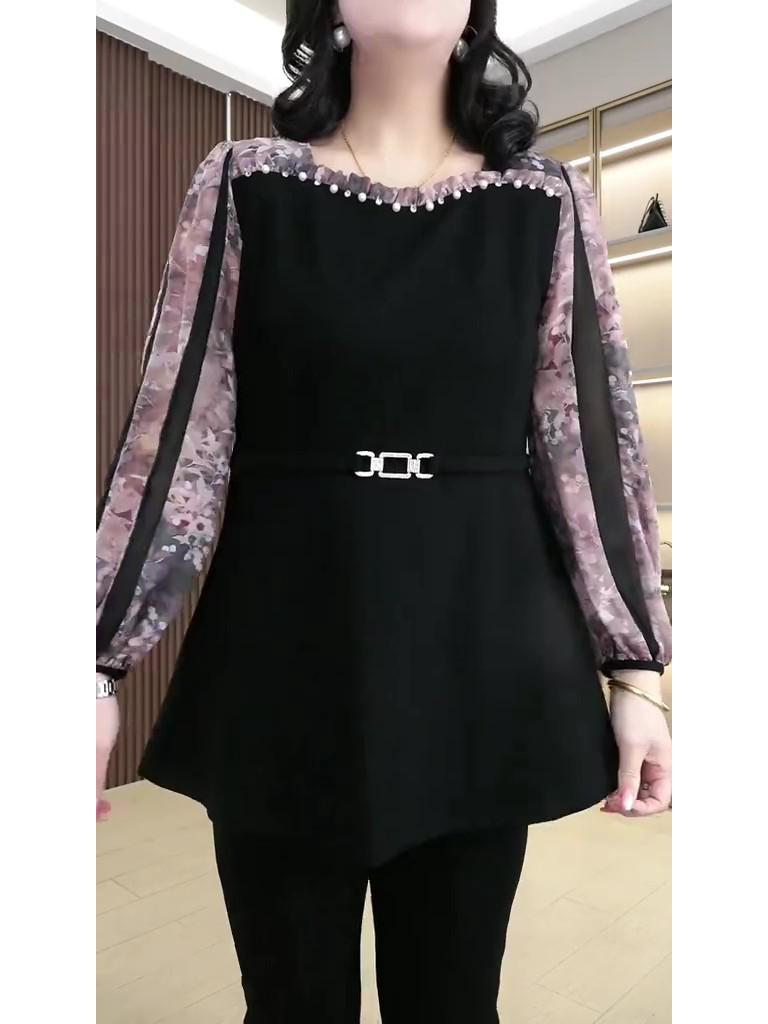 High-End Beaded Chiffon Patchwork Top for Middle-Aged Women – Plus Size, Luxury Spring Casual Shirt