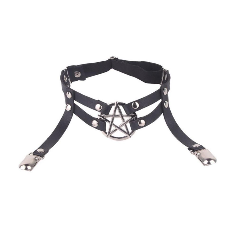 Punk Suspender Stockings Clip PU Leather Garter Belt Cool Pentagram Leg Strap  JK Accessory