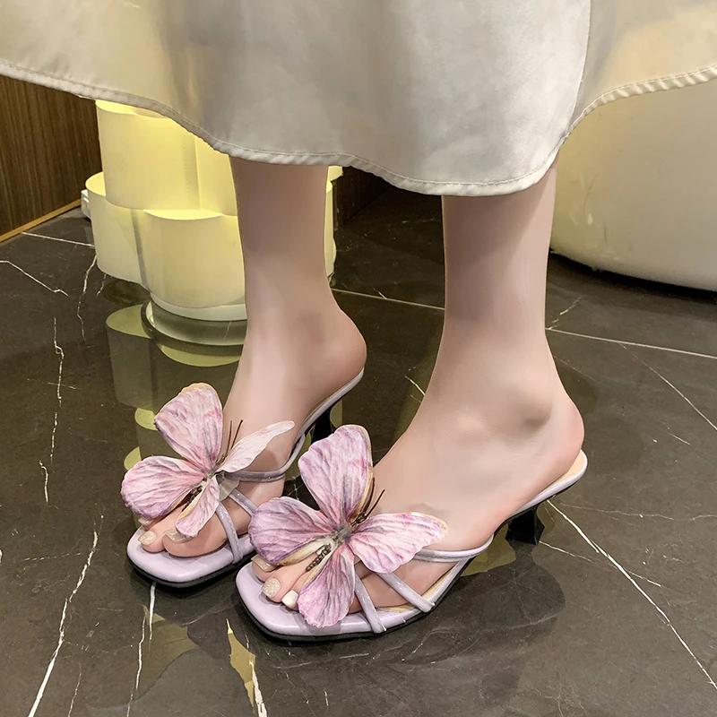 Fashion Butterfly Flower Sandals Slippers for Women 2025 New Summer French Fine Heel Sexy Open Toed High Heels Shoes