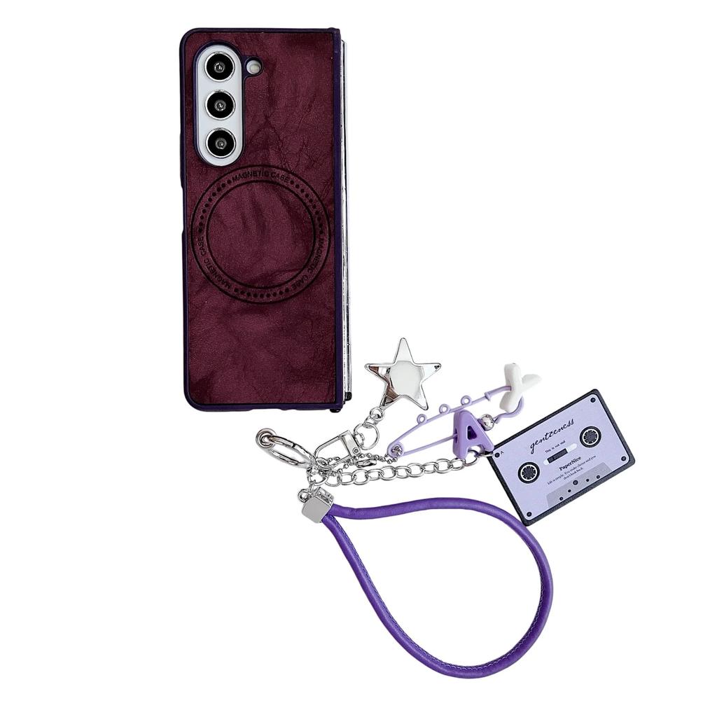 Magnetic Wrist Strap Cute Stars Wireless Charging PU Leather Phone Case for Samsung Galaxy Z Fold 6 5 4 3 Protective Cover