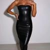Women Autumn and Wintertime Solid Color PU Leather Sexy Strapless Waistband Hip Dress