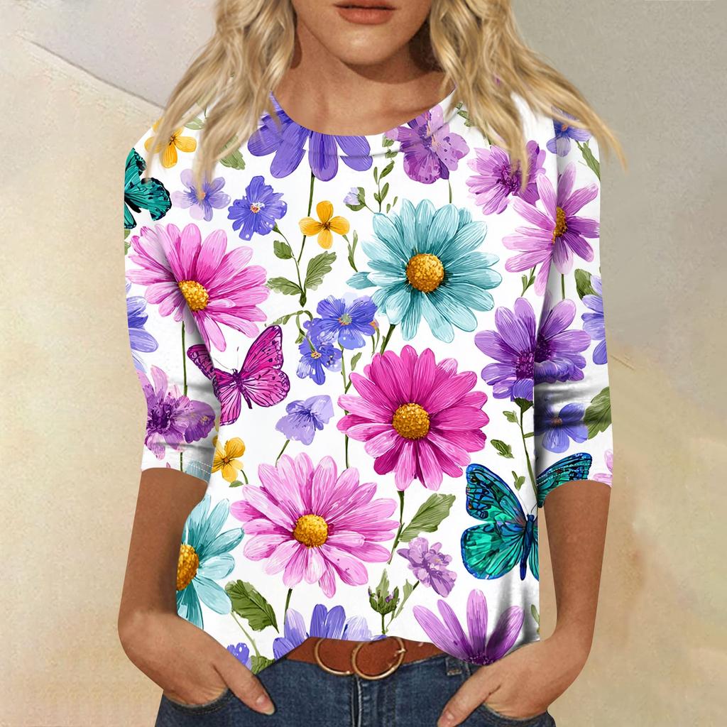 Women Casual Crew Neck Three Quarter Sleeve Floral Print T Shirt Top Relaxed Fit Lightweight Pullover Blouse for Daily Wear